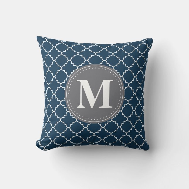 Monogrammed Moroccan Lattice in Navy / Grey Kussen (Voorkant)