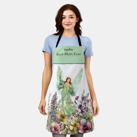 Monogrammed Naam Beste Mam Ooit Bloemen Engel Schort (Gedragen)