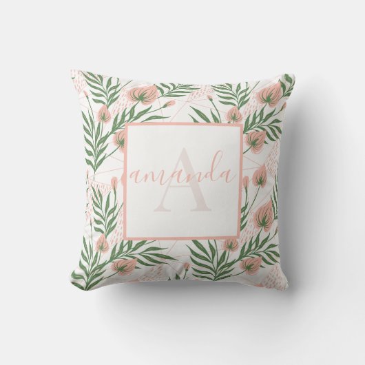 Monogrammed Naam Bloemen Roze Groene Pastelpatroon Kussen (Voorkant)