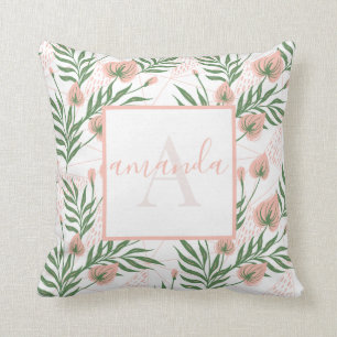 Monogrammed Naam Bloemen Roze Groene Pastelpatroon Kussen