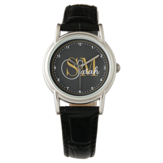 Monogrammed Naam & Donkere Elegant Handtekening Horloge (Voorkant)