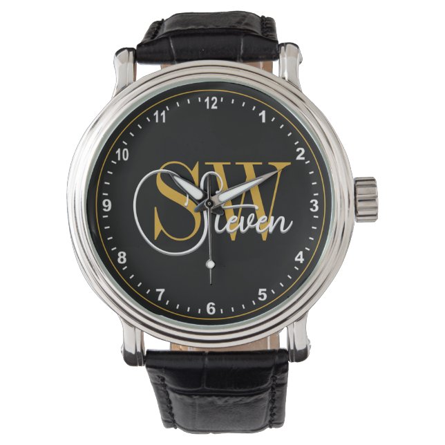 Monogrammed Naam & Donkere Moderne Handtekening Horloge (Voorkant)