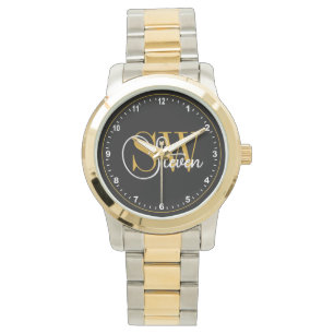 Monogrammed Naam & Donkere Moderne Handtekening Horloge