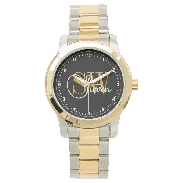 Monogrammed Naam & Donkere Moderne Handtekening Horloge (Voorkant)