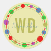 Monogrammed Naam Kleurrijke Cirkels Geel Blauw Ronde Sticker (Voorkant)