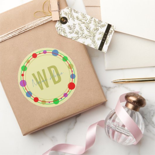 Monogrammed Naam Kleurrijke Cirkels Geel Blauw Ronde Sticker (Geschenken)