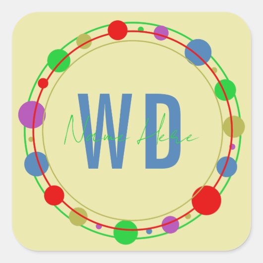 Monogrammed Naam Kleurrijke Cirkels Tan Geel Vierkante Sticker (Voorkant)