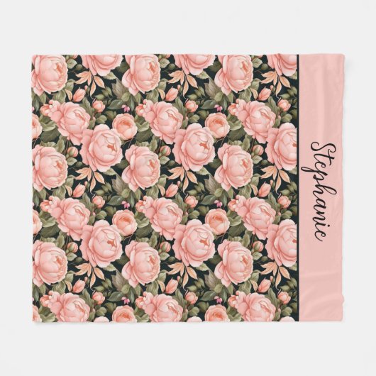 Monogrammed Naam Perzik Roze Bloemen Fleece Deken (Voorkant (Horizontaal))