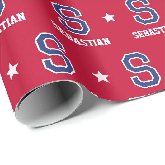 Monogrammed naam Star Crimson Gold Custom Cadeaupapier (Rol Hoek)