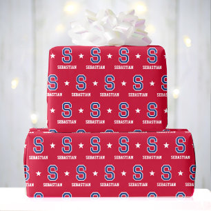 Monogrammed naam Star Crimson Gold Custom Cadeaupapier