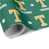 Monogrammed naam Star Green Gold Custom Cadeaupapier (Rol Hoek)