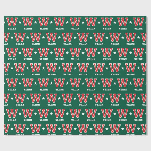 Monogrammed Naam Star Rood Groen Custom Cadeaupapier (Vlak)