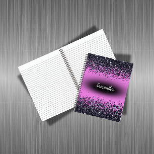 Monogrammed Naam Zwart Glitter op Hot Pink   Notitieboek