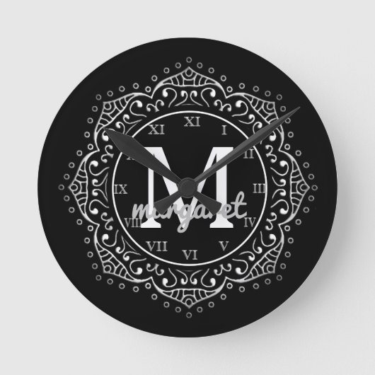 Monogrammed Name Boho Mandala Black Silver Ronde Klok (Voorkant)
