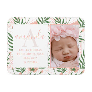 Monogrammed Name Floral Pink Birth Announcement Magneet