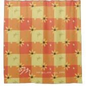 Monogrammed name floral rustic oranje gingham douchegordijn (Voorkant)