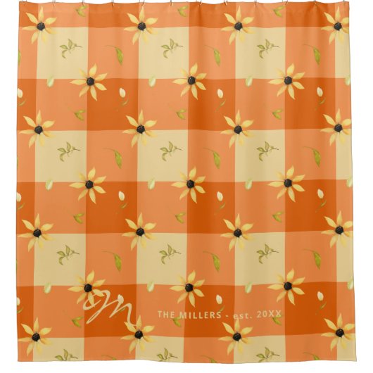 Monogrammed name floral rustic oranje gingham douchegordijn (Voorkant)