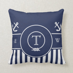 Monogrammed Nautical Navy Blue Anchor and Line Kussen