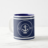 Monogrammed Nautical Navy Blue Anchor and Line Tweekleurige Koffiemok (Voorkant links)