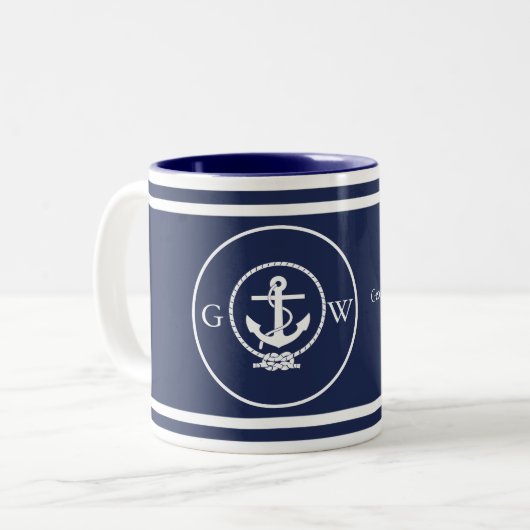 Monogrammed Nautical Navy Blue Anchor and Line Tweekleurige Koffiemok (Voorkant links)