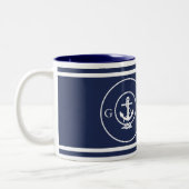 Monogrammed Nautical Navy Blue Anchor and Line Tweekleurige Koffiemok (Links)