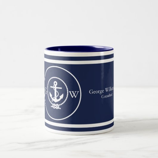 Monogrammed Nautical Navy Blue Anchor and Line Tweekleurige Koffiemok (Center)