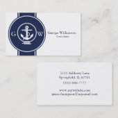Monogrammed Nautical Navy Blue Anchor and Line Visitekaartje (Voorkant / Achterkant)