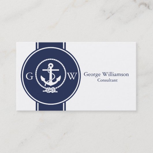 Monogrammed Nautical Navy Blue Anchor and Line Visitekaartje (Voorkant)