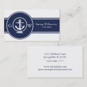 Monogrammed Nautical Navy Blue Anchor and Line Visitekaartje (Voorkant / Achterkant)
