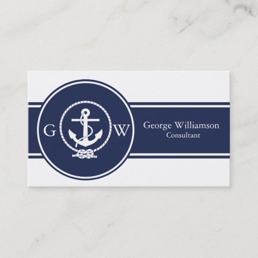 Monogrammed Nautical Navy Blue Anchor and Line Visitekaartje (Voorkant)