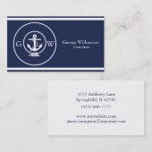 Monogrammed Nautical Navy Blue Anchor and Line Visitekaartje (Voorkant / Achterkant)