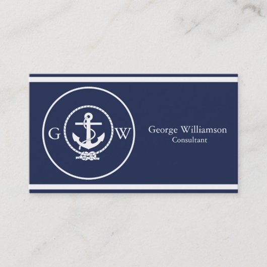 Monogrammed Nautical Navy Blue Anchor and Line Visitekaartje (Voorkant)