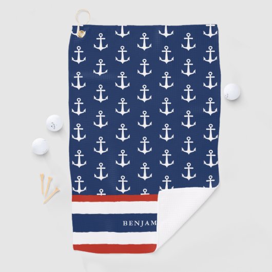 Monogrammed Nautical Navy Blue White Anchor Golfhanddoek (Insitu)
