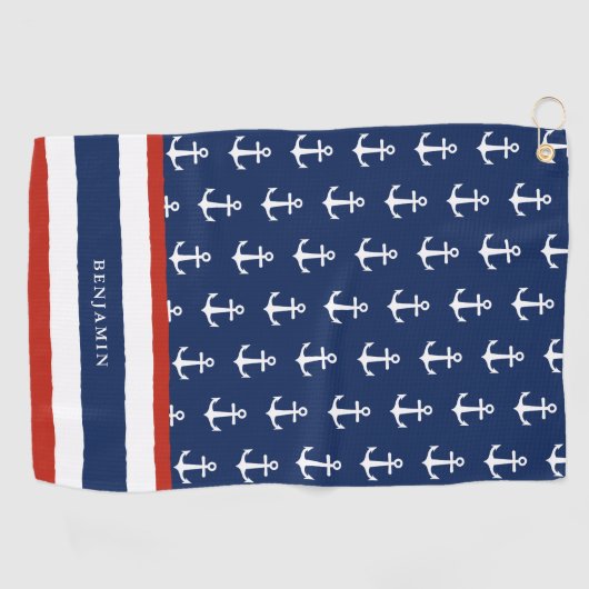 Monogrammed Nautical Navy Blue White Anchor Golfhanddoek (Horizontaal)