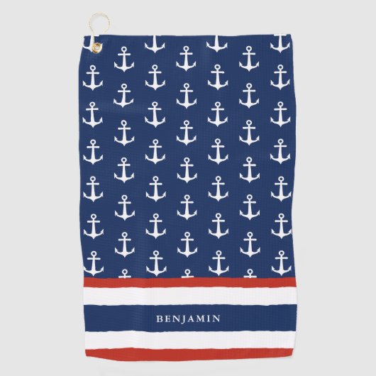 Monogrammed Nautical Navy Blue White Anchor Golfhanddoek (Voorkant)