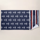 Monogrammed Nautical Navy Blue White Anchor Strandlaken (Voorkant)