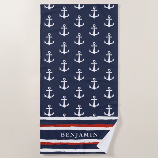Monogrammed Nautical Navy Blue White Anchor Strandlaken (Voorkant)