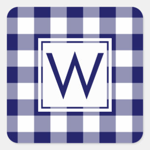 Monogrammed Navy and White Gingham Pset Pattern Vierkante Sticker