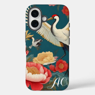 Monogrammed Navy Blauwe pioenen & kraan Chinoiseri iPhone 16 Hoesje