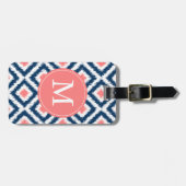 Monogrammed Navy Blue Coral Diamonds Ikat Pattern Bagagelabel (Voorkant horizontaal)