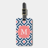 Monogrammed Navy Blue Coral Diamonds Ikat Pattern Bagagelabel (Voorkant verticaal)