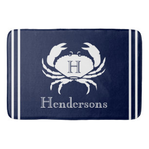 Monogrammed Navy Blue Crab Nautical Badmat