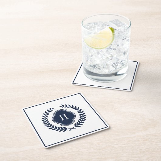 Monogrammed Navy-Blue Crest Wreath Kartonnen Onderzetters (Insitu)