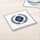Monogrammed Navy-Blue Crest Wreath Kartonnen Onderzetters (Schuin)