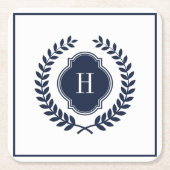 Monogrammed Navy-Blue Crest Wreath Kartonnen Onderzetters (Voorkant)