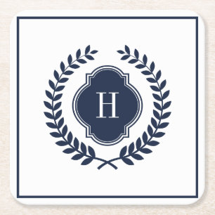 Monogrammed Navy-Blue Crest Wreath Kartonnen Onderzetters