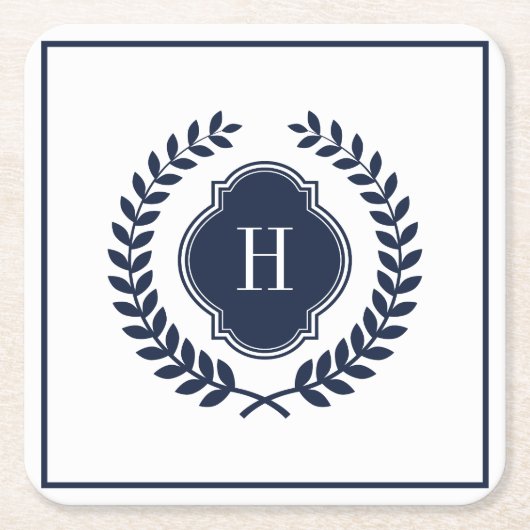 Monogrammed Navy-Blue Crest Wreath Kartonnen Onderzetters (Voorkant)