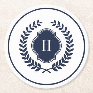 Monogrammed Navy-Blue Crest Wreatinecirkel Lijst Ronde Kartonnen Onderzetter