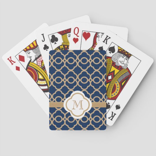 Monogrammed Navy Blue en Gold Moroccan Pokerkaarten (Achterkant)