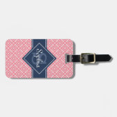 Monogrammed Navy Blue en Pink Diamond Pattern Bagagelabel (Voorkant horizontaal)